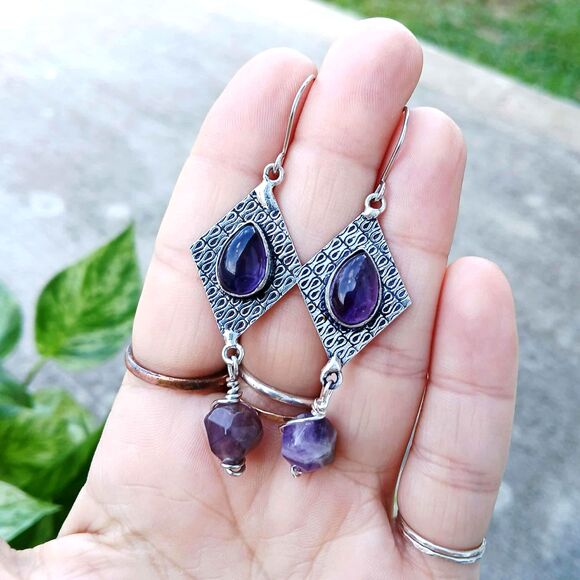 Amethyst Gemstone Dangle Earrings, Artisan Boho Chic Statement 3" - Picture 6 of 6